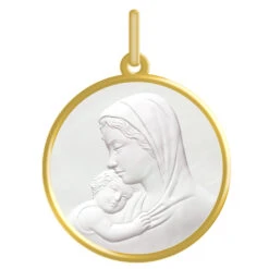 Médaille Vierge à L'enfant - Or Jaune 18ct & Nacre